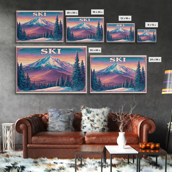 Retro Ski Poster Mountain Scene Framed Canvas Print, Retro Art, Fine Art Print, Living Room Decor, Fine Art, Retro, Wall Decor, RET-3x2-100
