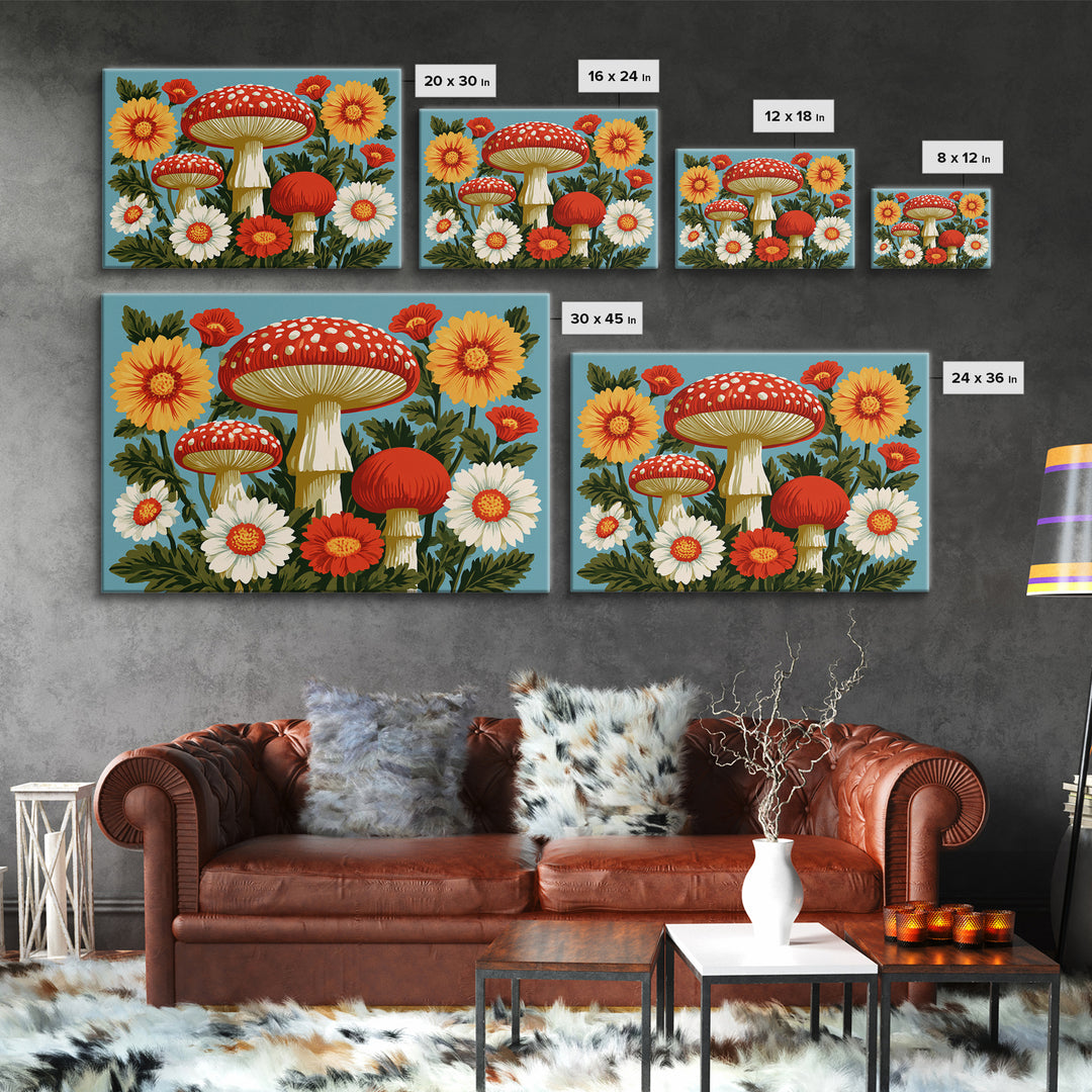 Funky Mushroom and Flower Pattern Framed Canvas Print, Retro Art, Abstract Wall Art, Living Room Decor, Fine Art, Retro, RET-3x2-27