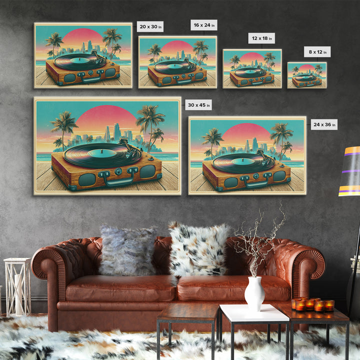 Vinyl Record Player Framed Canvas Print, Retro Art, Abstract Wall Art, Living Room Decor, Oil Painting, Retro, Neutral Decor, RET-3x2-40