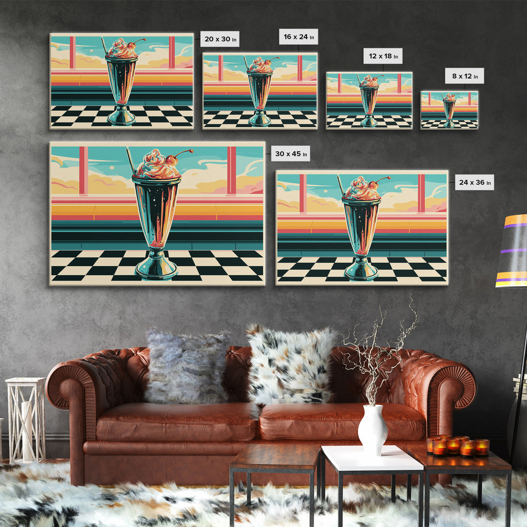 1950s Diner Milkshake Framed Canvas Print, Retro Art, Gallery Decor, Living Room Decor, Fine Art, Retro, Contemporary Art, RET-3x2-77