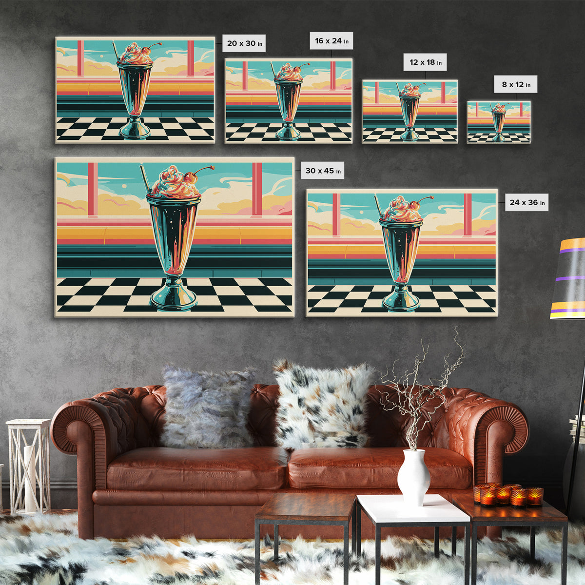 1950s Diner Milkshake Framed Canvas Print, Retro Art, Gallery Decor, Living Room Decor, Fine Art, Retro, Contemporary Art, RET-3x2-77