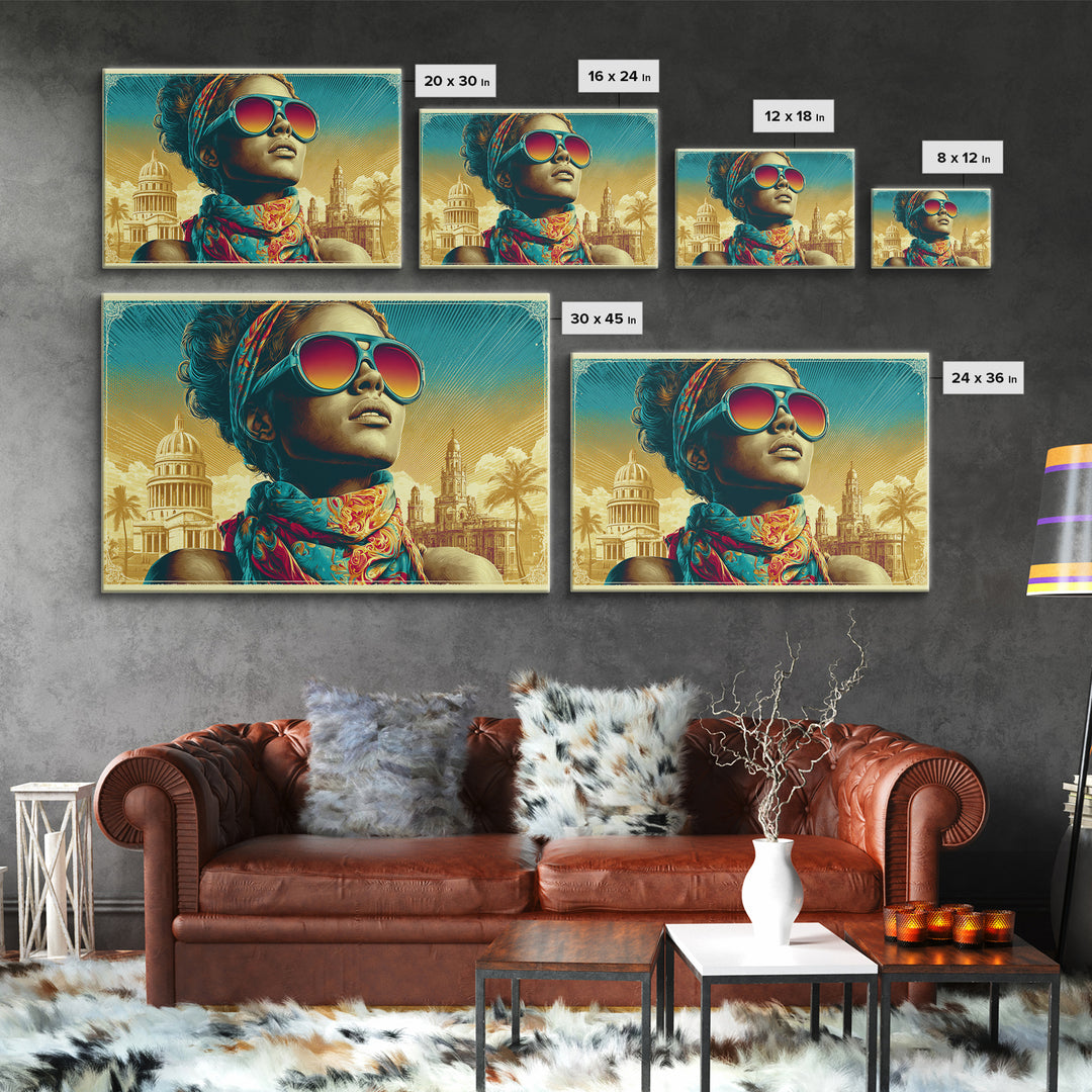 Mod Woman in Sunglasses and Scarf Canvas Print, Retro Art, Boho Decor, Living Room Decor, Retro, Posters, Digital Prints, RET-3x2-84