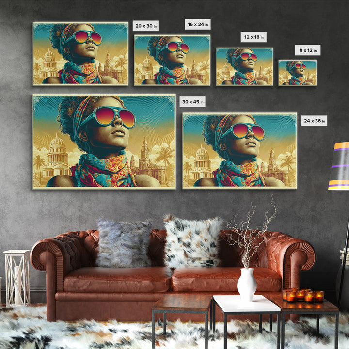 Mod Woman in Sunglasses and Scarf Canvas Print, Retro Art, Boho Decor, Living Room Decor, Retro, Posters, Digital Prints, RET-3x2-84
