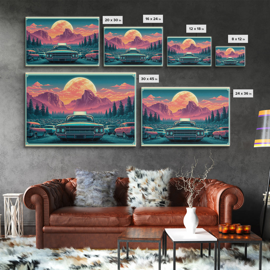 Drive in Movie Scene with Moonlit Cars Framed Canvas Print, Retro Art, Luxury Decor, Living Room Decor, Fine Art, Retro, RET-3x2-92