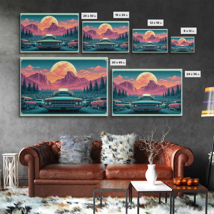 Drive in Movie Scene with Moonlit Cars Framed Canvas Print, Retro Art, Luxury Decor, Living Room Decor, Fine Art, Retro, RET-3x2-92