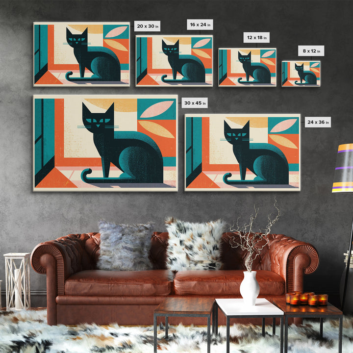 Mid Century Cat Framed Canvas Print, Retro Art, Floral Wall Art, Living Room Decor, Abstract Art, Retro, Minimalist Decor, RET-3x2-97