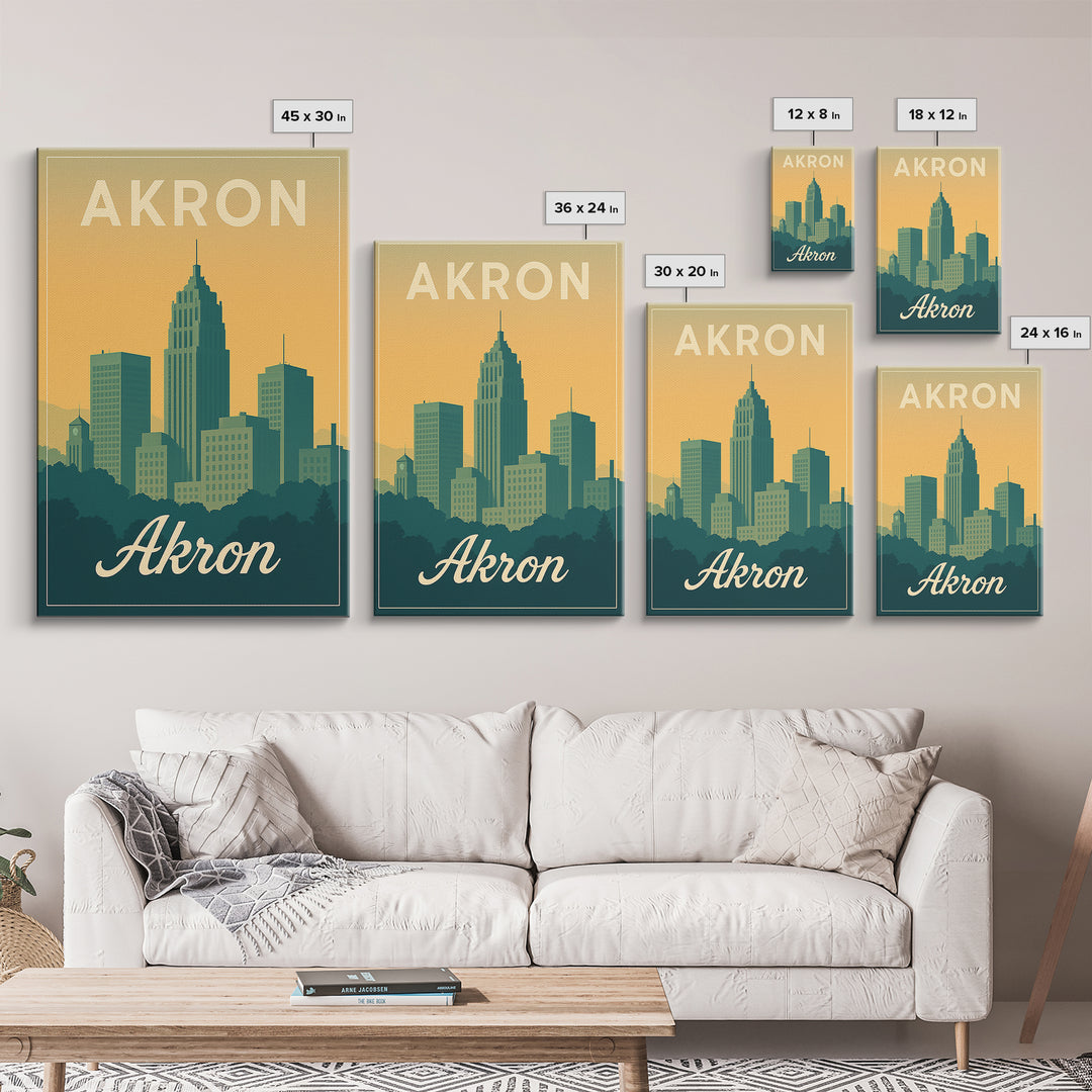 Akron Ohio Travel Poster, Canvas Print, Retro Sunset Skyline Art, Akron Travel Art, Fine Art Print, Mid Century Wall Art, Travel Decor