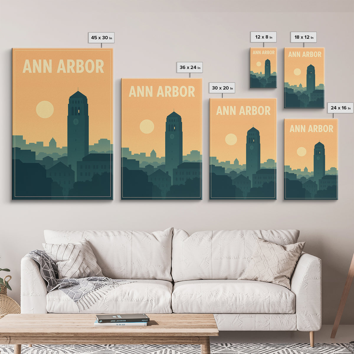 Ann Arbor Travel Poster, Framed Canvas Print, Retro Sunset Skyline Art, Ann Arbor Art Print, Travel Wall Art, City Art Print, Home Decor