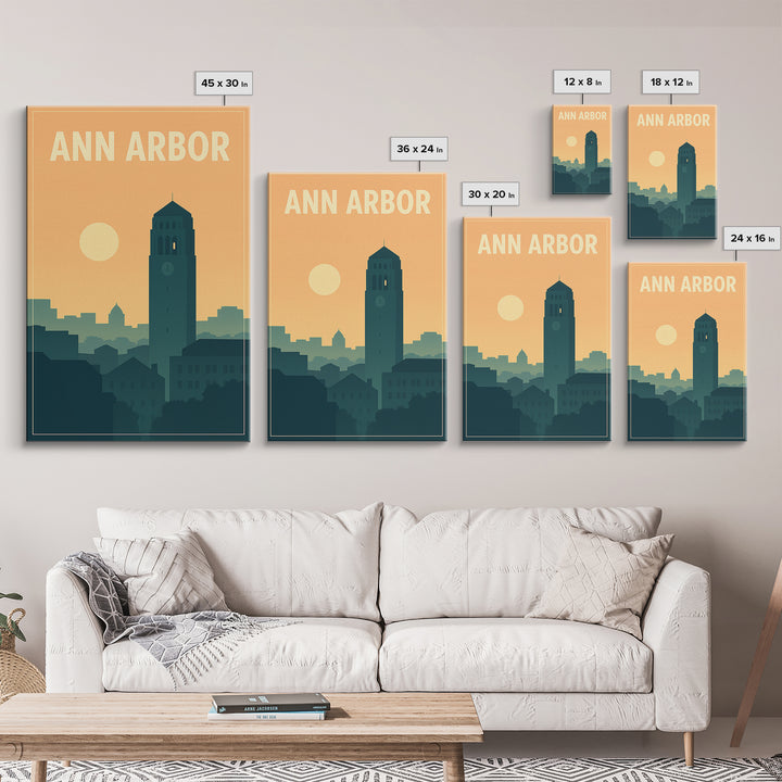 Ann Arbor Travel Poster, Framed Canvas Print, Retro Sunset Skyline Art, Ann Arbor Art Print, Travel Wall Art, City Art Print, Home Decor