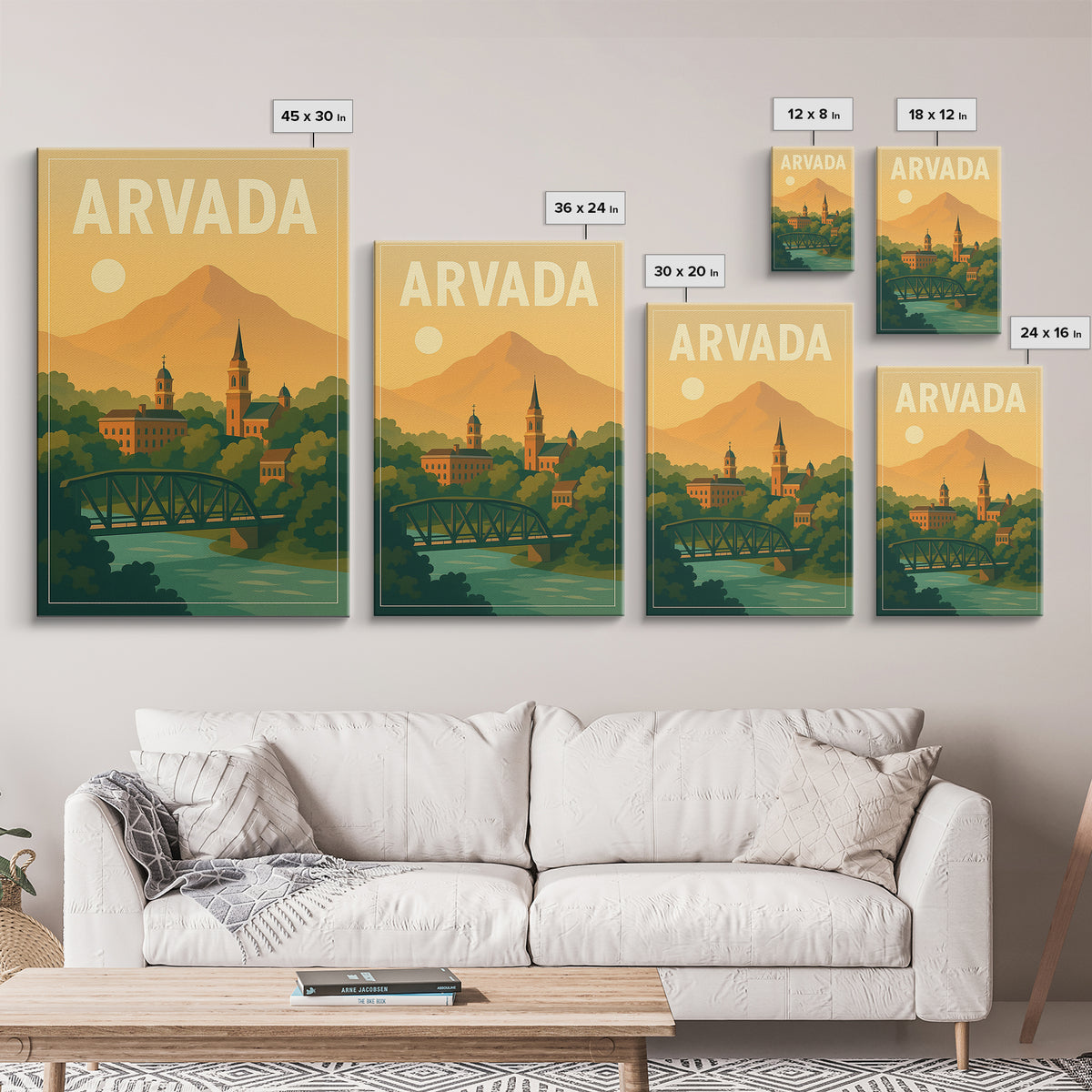 Arvada Travel Poster, Canvas Print, Mid Century City Wall Art, Arvada Poster Print, City Art Print, Wall Decor, Watercolor City Skyline