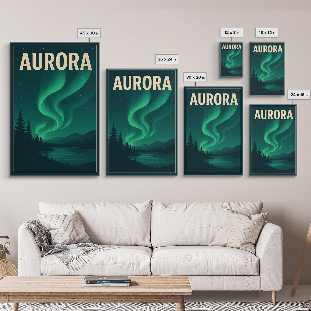 Aurora Travel Poster, Framed Canvas Print, Retro Sunset Skyline Art, Aurora Art Print, City Illustration, Vintage City Poster, Design 2