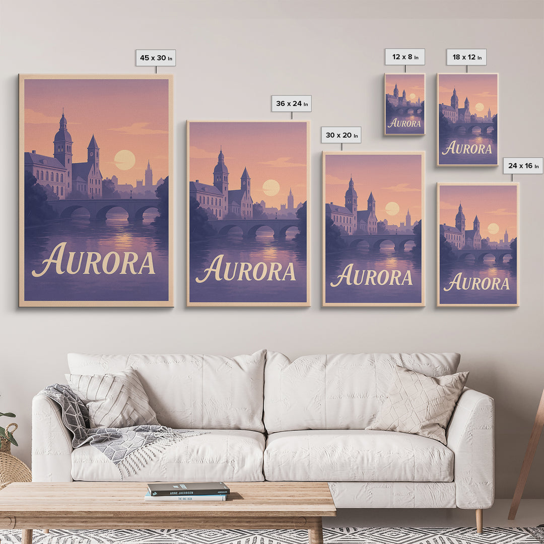 Aurora Travel Poster, Canvas Print, Mid Century City Wall Art, Aurora Wall Art, Gift For Travelers, City Illustration, Travel Wall Art