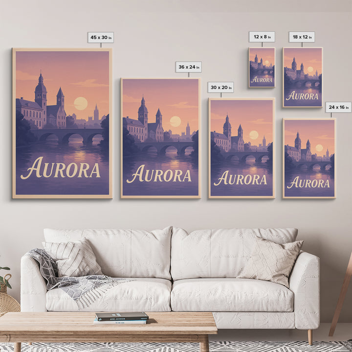 Aurora Travel Poster, Canvas Print, Mid Century City Wall Art, Aurora Wall Art, Gift For Travelers, City Illustration, Travel Wall Art