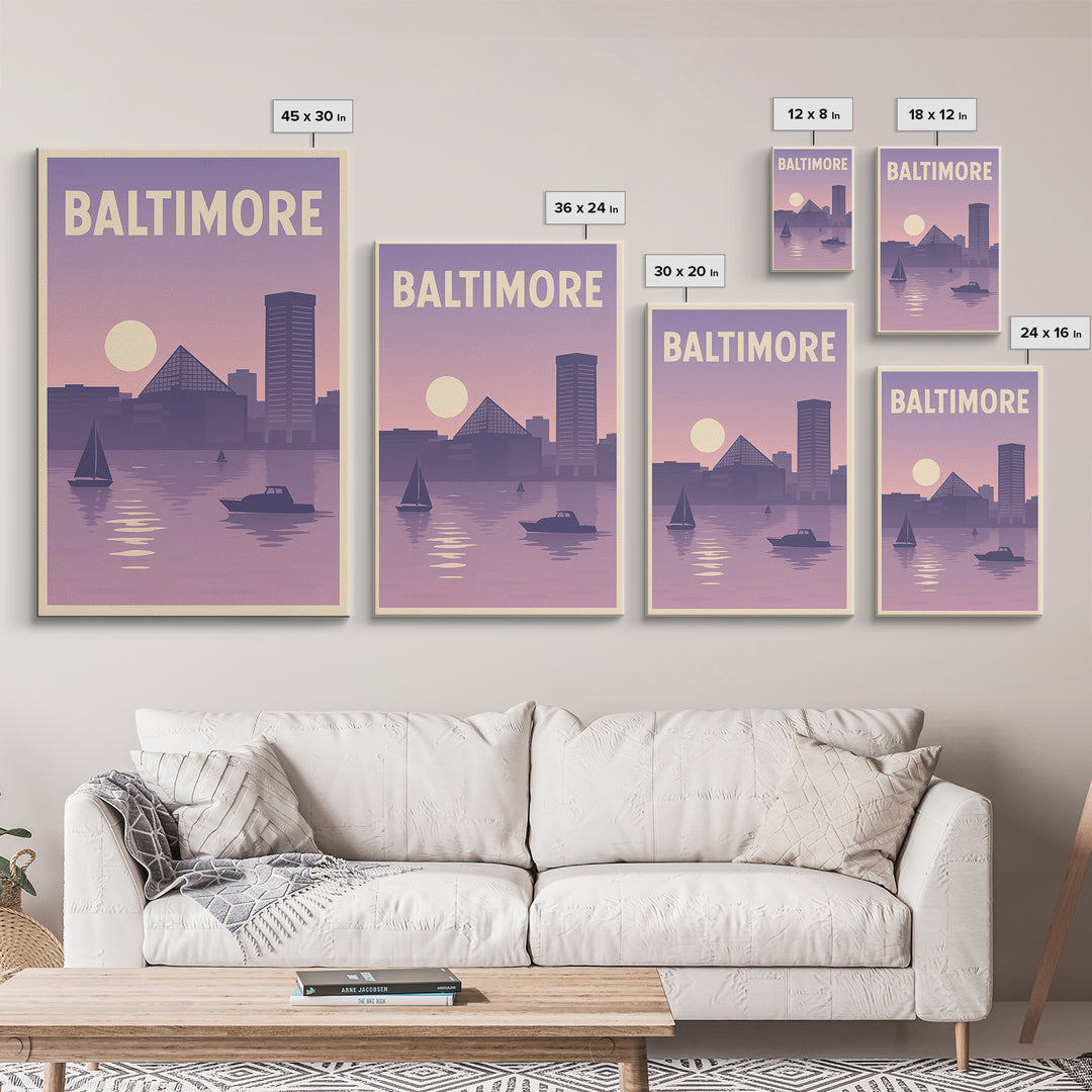 Baltimore Maryland Travel Poster, Canvas Print, Retro Sunset Skyline Art, Baltimore City Art, Travel Print, Vintage City Art, Wall Art
