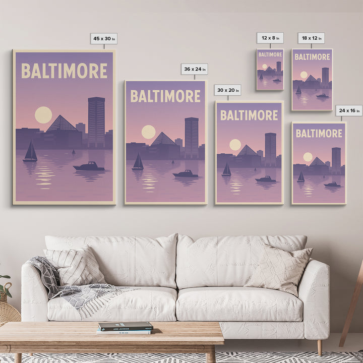 Baltimore Maryland Travel Poster, Canvas Print, Retro Sunset Skyline Art, Baltimore City Art, Travel Print, Vintage City Art, Wall Art