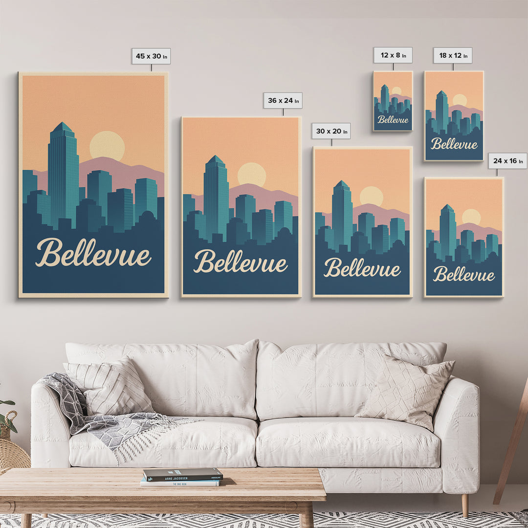 Bellevue Washington Travel Poster, Canvas Print, Retro Sunset Skyline Art, Bellevue Poster Print, Retro Travel Print, Art Print, Poster Art
