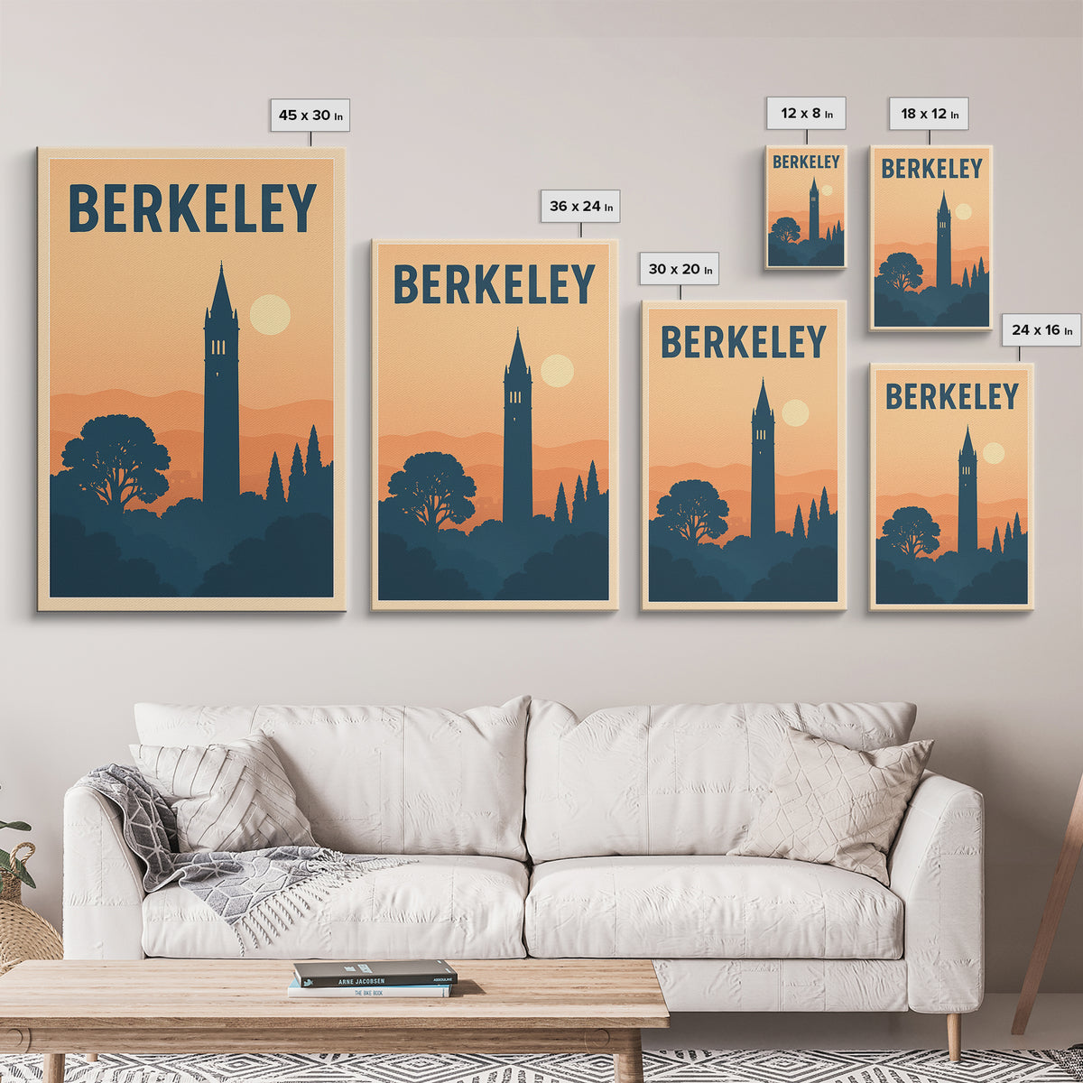 Berkeley Travel Poster, Framed Canvas Print, Retro Sunset Skyline Art, Berkeley Poster Print, Travel Wall Decor, Watercolor Urban Skyline