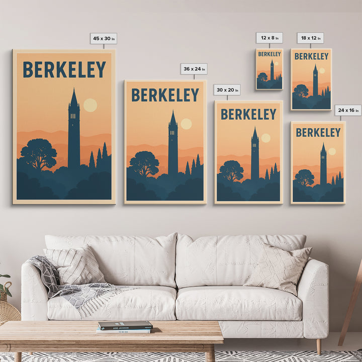 Berkeley Travel Poster, Framed Canvas Print, Retro Sunset Skyline Art, Berkeley Poster Print, Travel Wall Decor, Watercolor Urban Skyline
