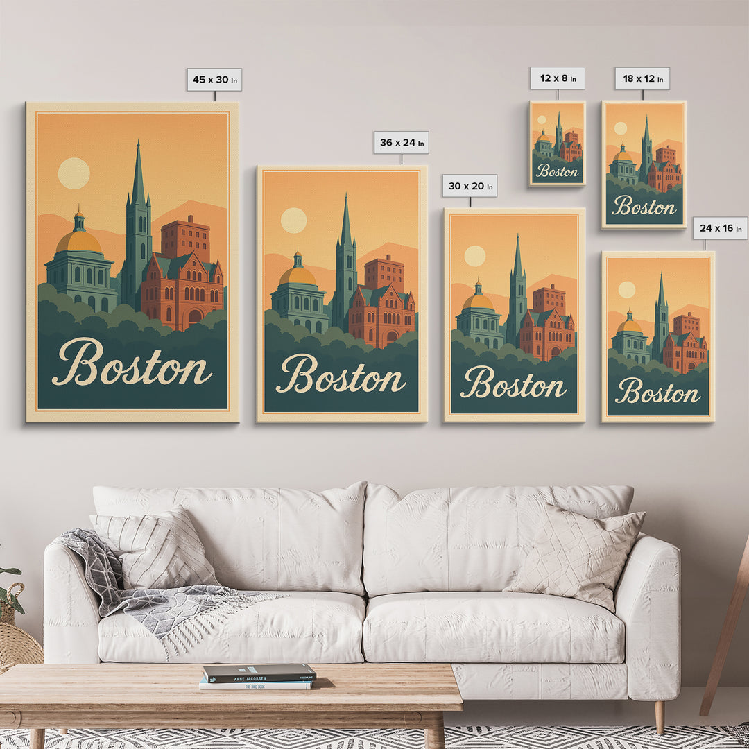 Boston Massachusetts Travel Poster, Framed Canvas Print, Retro Sunset Skyline Art, Boston Art Print, Mid Century Wall Art, City Illustration
