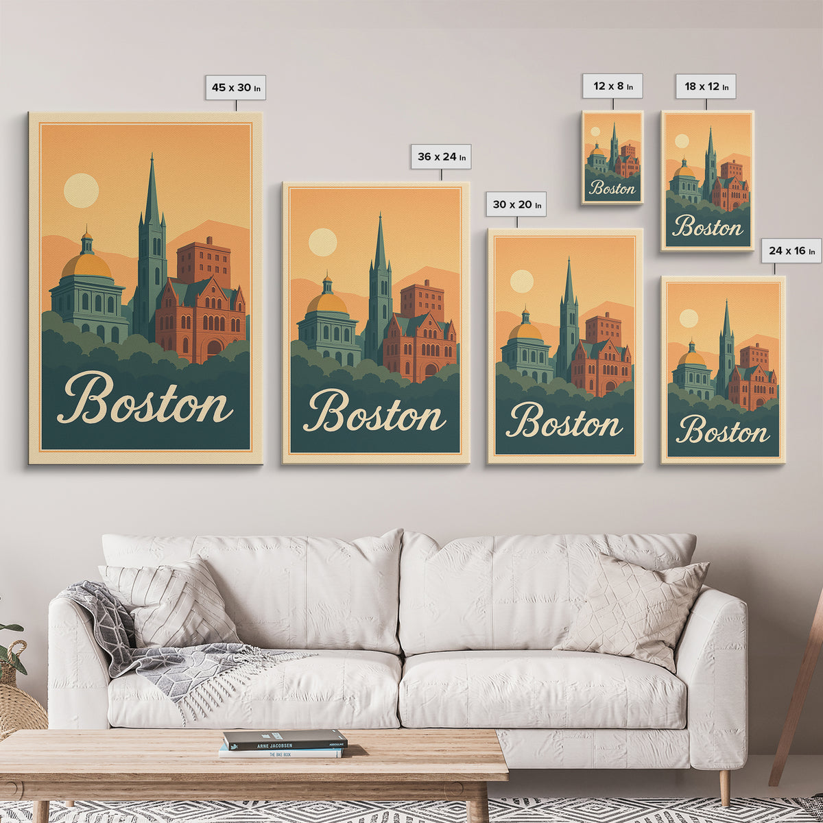 Boston Massachusetts Travel Poster, Framed Canvas Print, Retro Sunset Skyline Art, Boston Art Print, Mid Century Wall Art, City Illustration