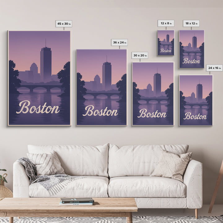 Boston Travel Poster, Canvas Print, Retro Sunset Skyline Art, Boston Travel Art, Living Room Wall Art, Vintage Travel Print, Travel Gift