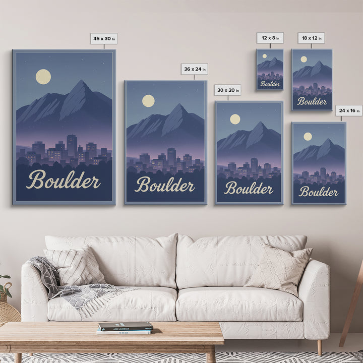 Boulder Travel Poster, Framed Canvas Print, Retro Sunset Skyline Art, Boulder Wall Art, Gift For Travelers, Modern Wall Decor, Wall Art