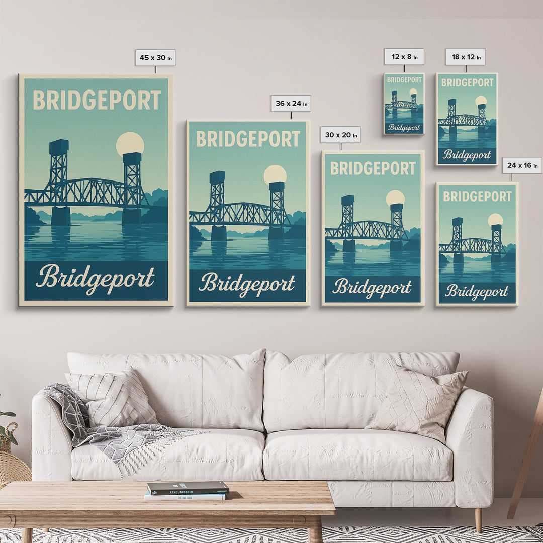 Bridgeport Connecticut Travel Poster, Canvas Print, Retro Sunset Skyline Art, Bridgeport Wall Art, City Travel Prints, Travel Poster Art