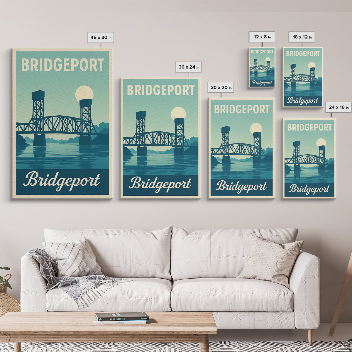 Bridgeport Connecticut Travel Poster, Canvas Print, Retro Sunset Skyline Art, Bridgeport Wall Art, City Travel Prints, Travel Poster Art