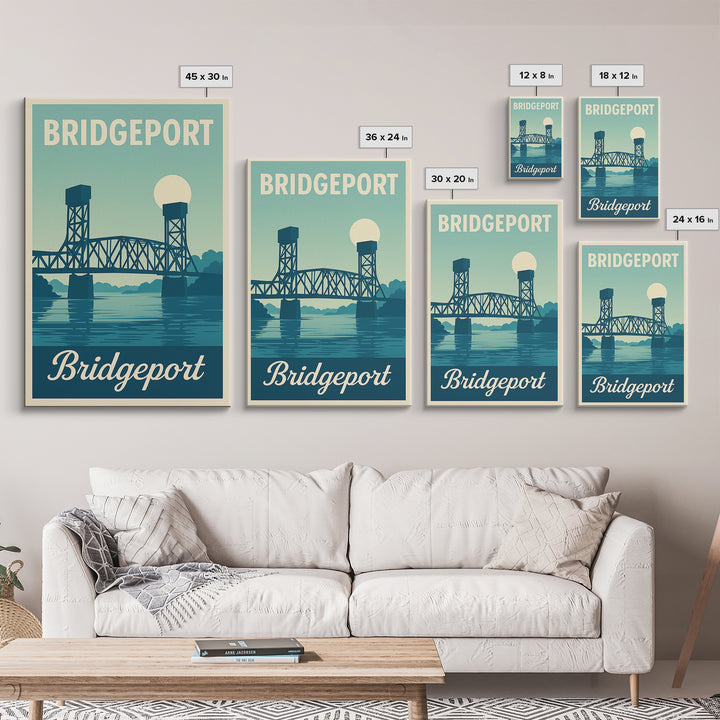 Bridgeport Connecticut Travel Poster, Canvas Print, Retro Sunset Skyline Art, Bridgeport Wall Art, City Travel Prints, Travel Poster Art