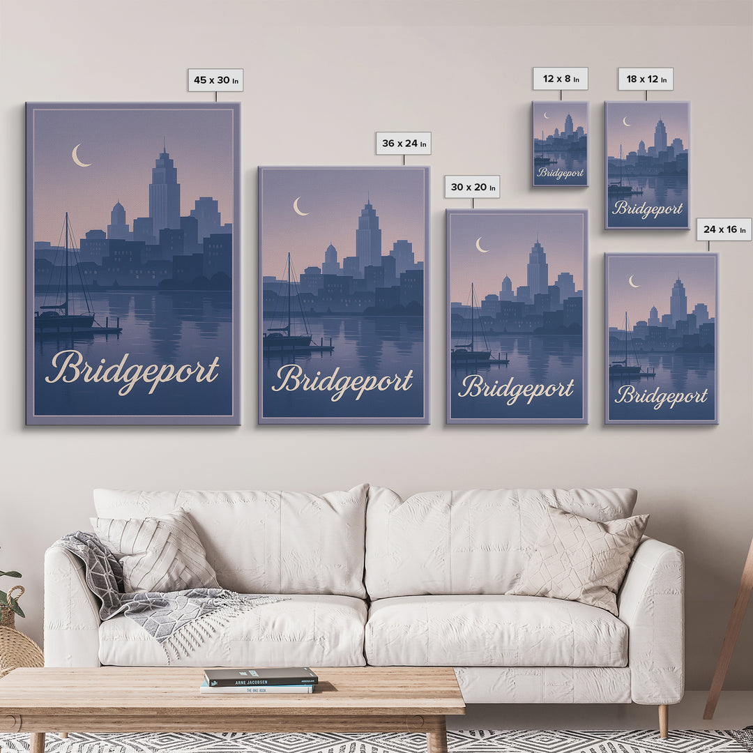 Bridgeport Travel Poster, Framed Canvas Print, Mid Century City Wall Art, Bridgeport City Art, Wanderlust Decor, Retro Travel Print