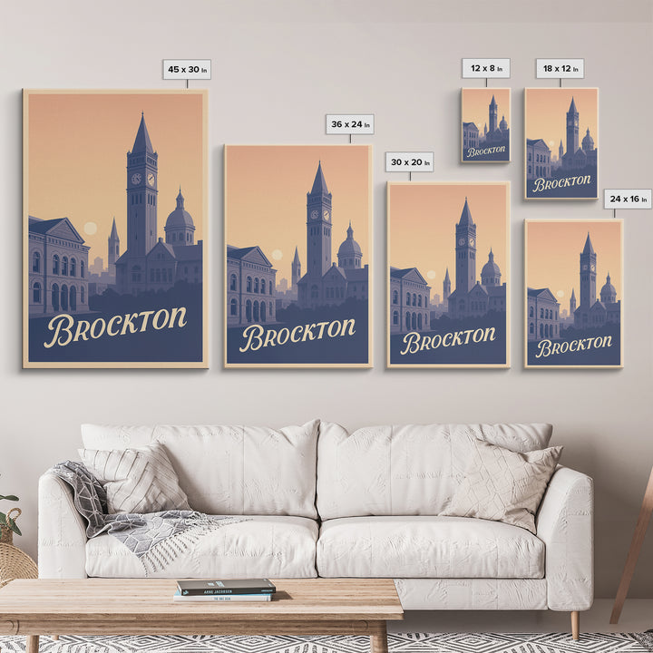 Brockton Travel Poster, Framed Canvas Print, Classic Travel Poster Art, Brockton Wall Art, Watercolor Urban Skyline, Fine Art Print