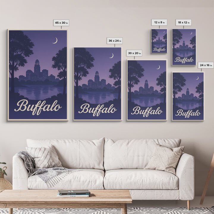 Buffalo Travel Poster, Framed Canvas Print, Retro Sunset Skyline Art, Buffalo Travel Art, City Illustration, Travel Art Print, Design 2