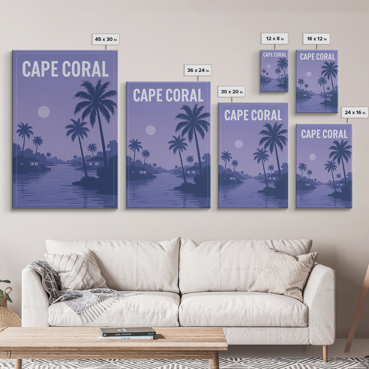 Cape Coral Florida Travel Poster, Framed Canvas Print, Retro Sunset Skyline Art, Cape Coral City Art, Fine Art Print, Mid Century Wall Art