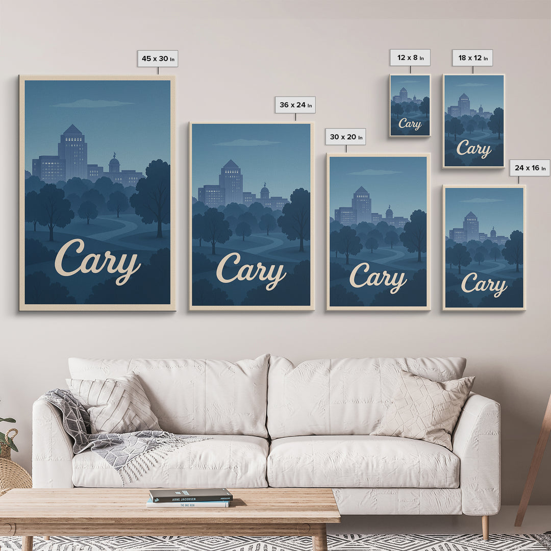 Cary Travel Poster, Framed Canvas Print, Mid Century City Wall Art, Cary Wall Art, Vintage Travel Print, Vintage City Art, City Poster