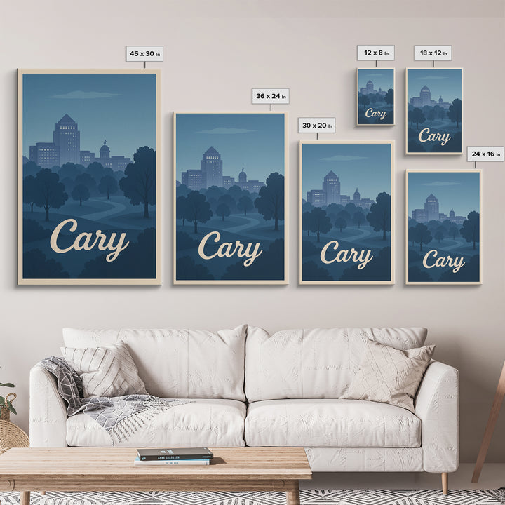 Cary Travel Poster, Framed Canvas Print, Mid Century City Wall Art, Cary Wall Art, Vintage Travel Print, Vintage City Art, City Poster