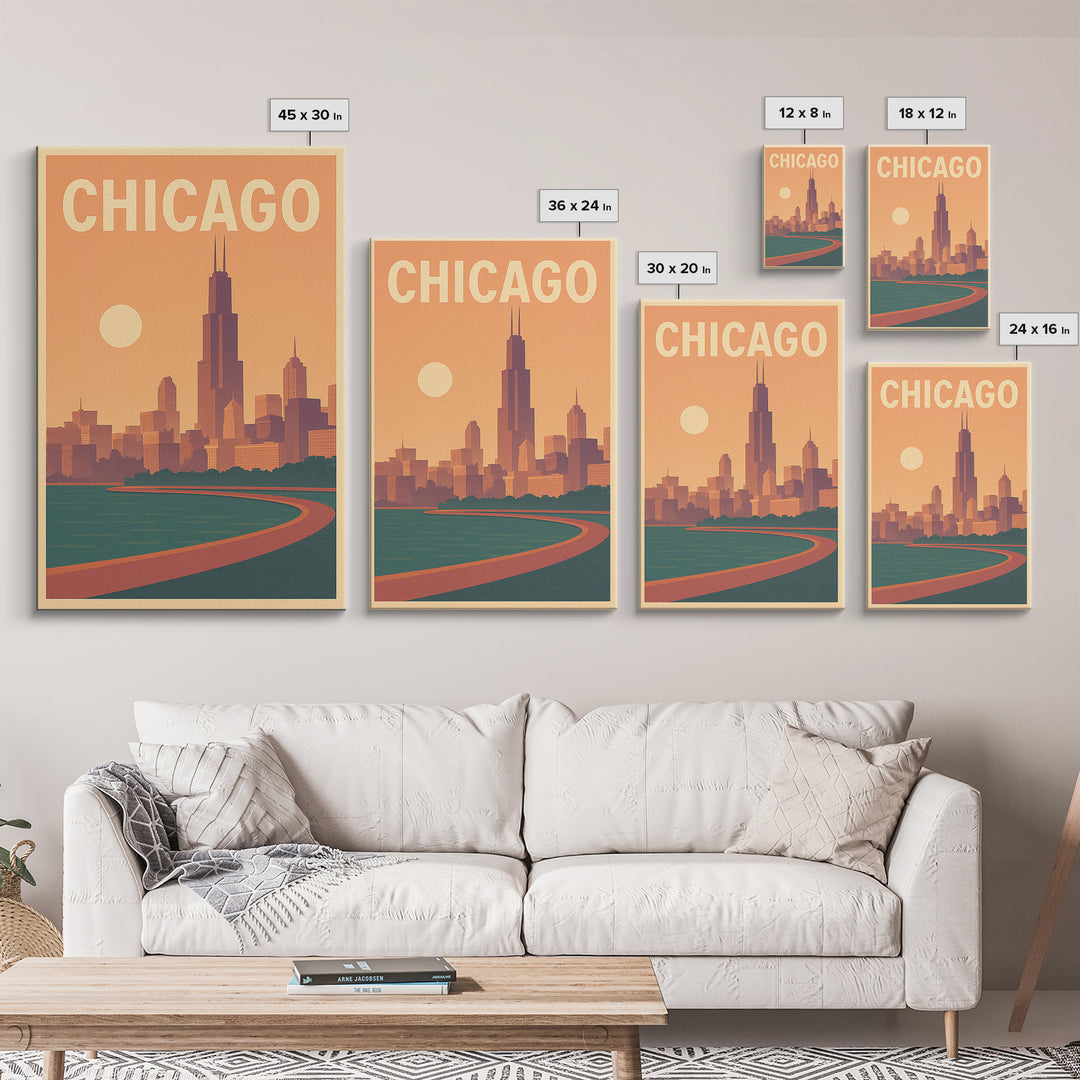 Chicago Illinois Travel Poster, Framed Canvas Print, Retro Sunset Skyline Art, Chicago Travel Art, Retro Travel Print, Home Office Decor