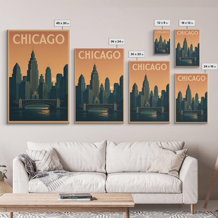 Chicago Travel Poster, Framed Canvas Print, Retro Sunset Skyline Art, Chicago Poster Print, Travel Poster Set, Vintage City Poster