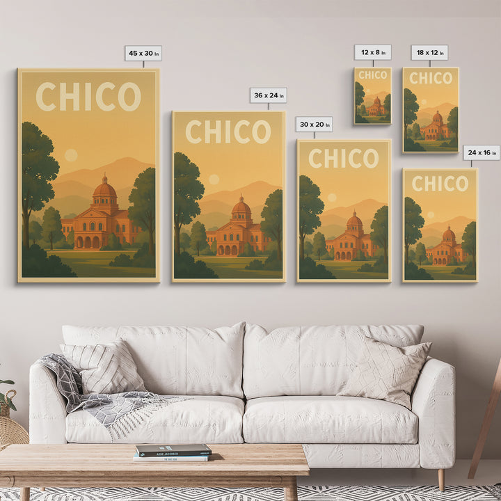 Chico Travel Poster, Framed Canvas Print, Mid Century City Wall Art, Chico Poster Print, City Illustration, Travel Poster Set, Design 2