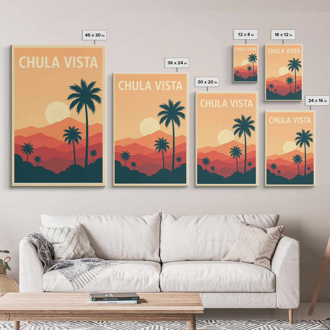 Chula Vista Travel Poster, Framed Canvas Print, Retro Sunset Skyline Art, Chula Vista Poster Print, Vintage City Poster, City Art Print