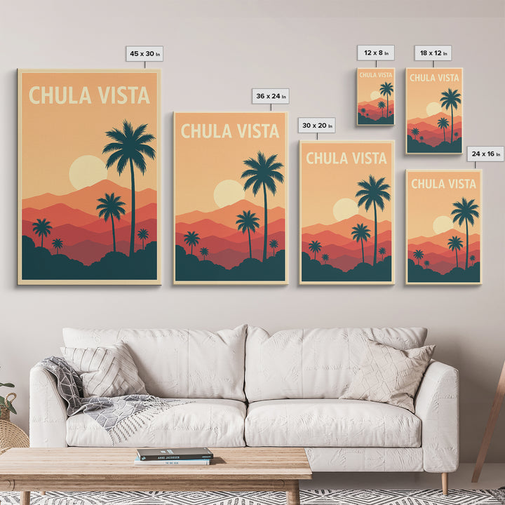 Chula Vista Travel Poster, Framed Canvas Print, Retro Sunset Skyline Art, Chula Vista Poster Print, Vintage City Poster, City Art Print