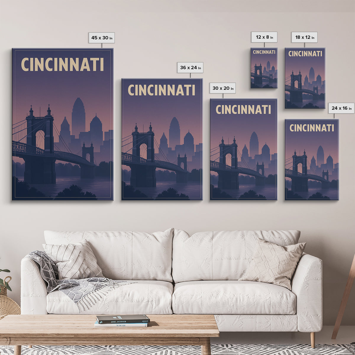 Cincinnati Ohio Travel Poster, Framed Canvas Print, Classic Travel Poster Art, Cincinnati Wall Art, Mid Century Wall Art, Travel Poster Set