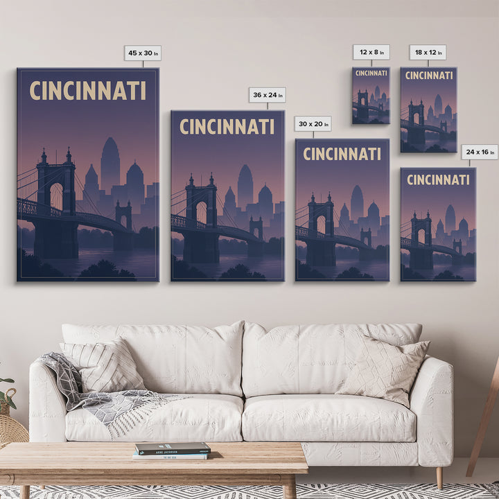 Cincinnati Ohio Travel Poster, Framed Canvas Print, Classic Travel Poster Art, Cincinnati Wall Art, Mid Century Wall Art, Travel Poster Set