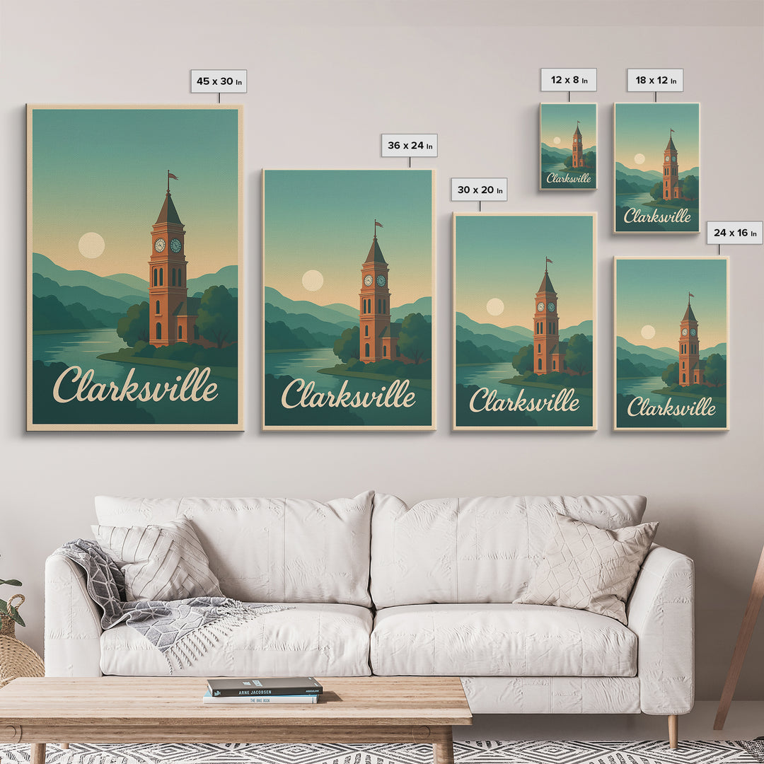 Clarksville Tennessee Travel Poster, Canvas Print, Mid Century City Wall Art, Clarksville Poster Print, Wall Decor, Mid Century Wall Art