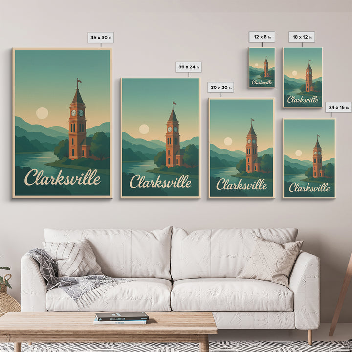 Clarksville Tennessee Travel Poster, Canvas Print, Mid Century City Wall Art, Clarksville Poster Print, Wall Decor, Mid Century Wall Art