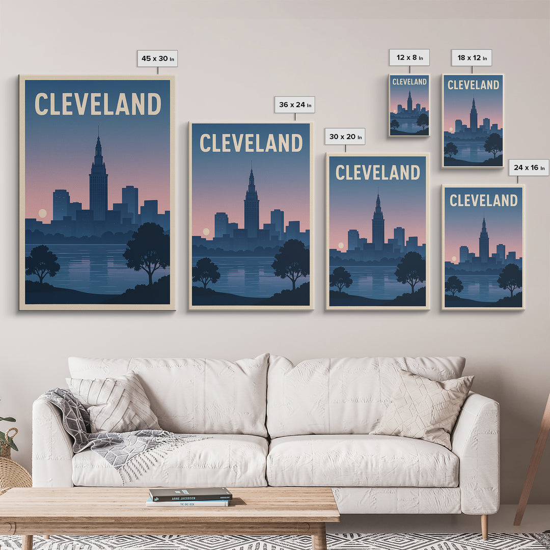 Cleveland Travel Poster, Framed Canvas Print, Mid Century City Wall Art, Cleveland City Art, City Illustration, Modern Wall Decor