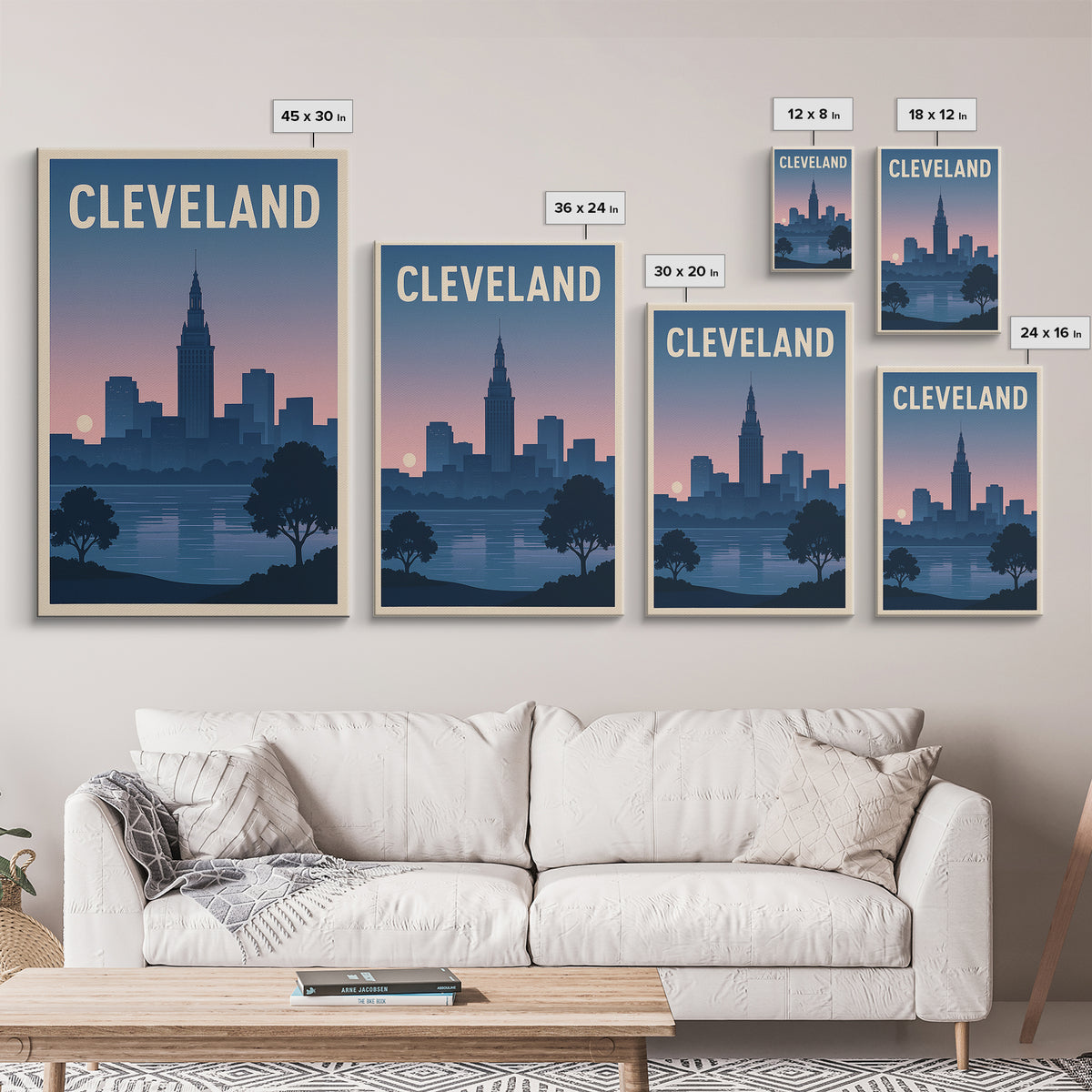 Cleveland Travel Poster, Framed Canvas Print, Mid Century City Wall Art, Cleveland City Art, City Illustration, Modern Wall Decor