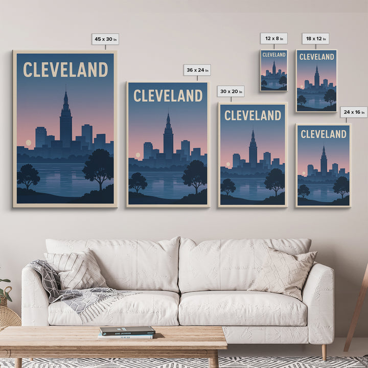 Cleveland Travel Poster, Framed Canvas Print, Mid Century City Wall Art, Cleveland City Art, City Illustration, Modern Wall Decor