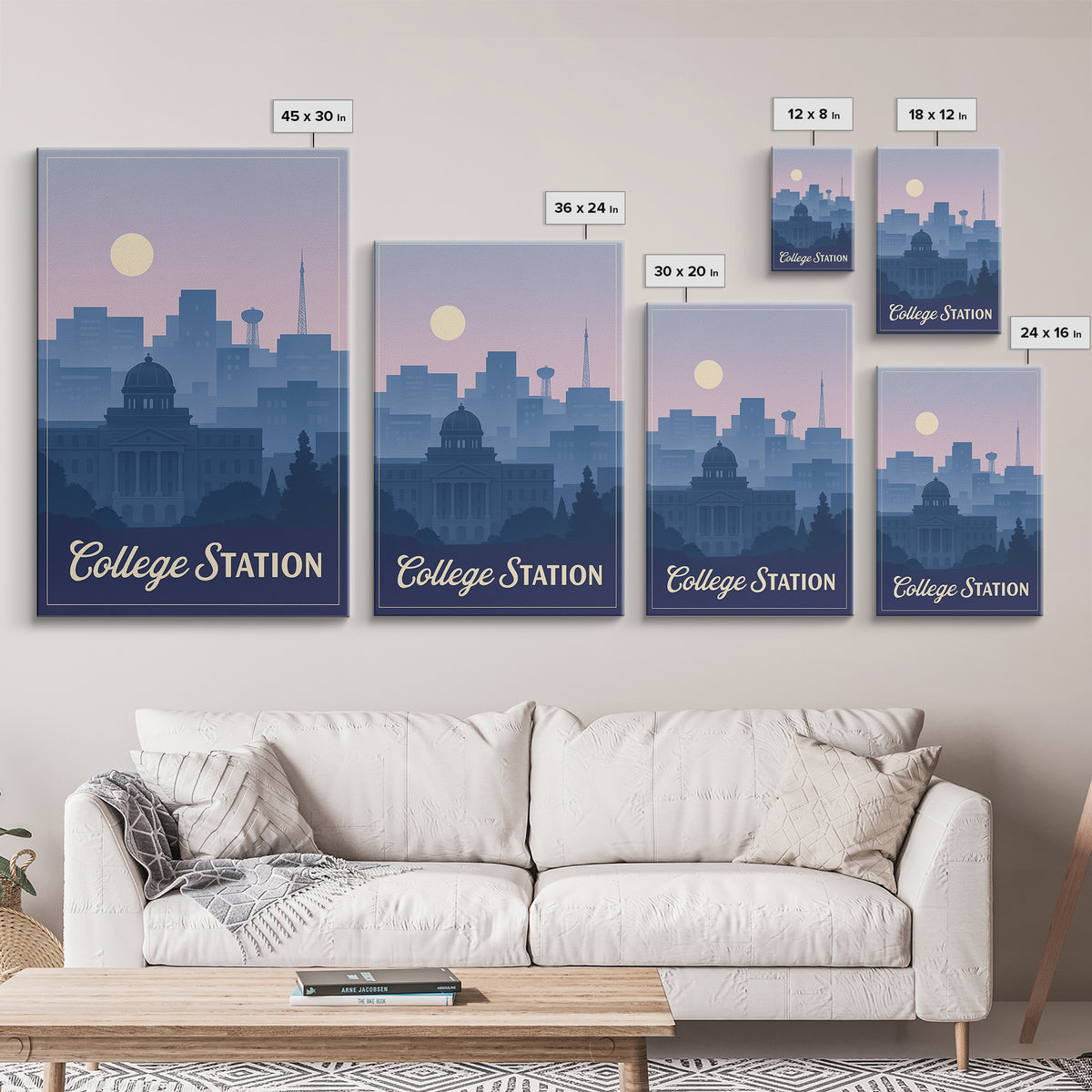 College Station Travel Poster, Framed Canvas Print, Retro Sunset Skyline Art, College Station City Art, Home Office Decor, Travel Art Print