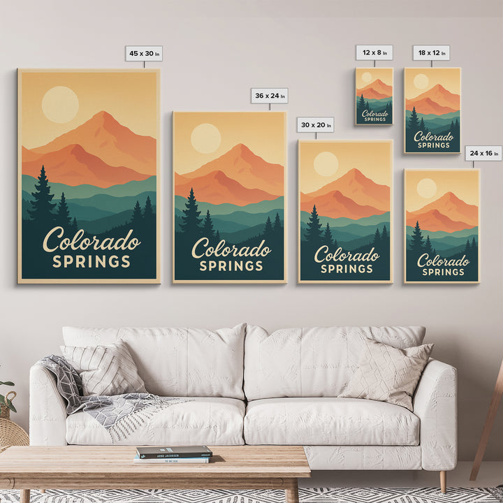 Colorado Springs Colorado Travel Poster, Framed Canvas Print, Retro Sunset Skyline Art, Colorado Springs Travel Art, Living Room Wall Art