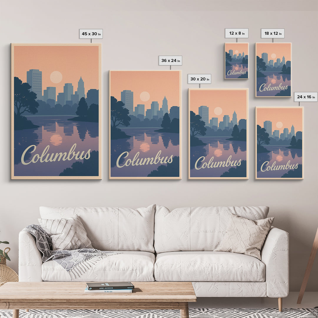Columbus Travel Poster, Framed Canvas Print, Retro Sunset Skyline Art, Columbus Wall Art, Modern Wall Decor, Retro Travel Print